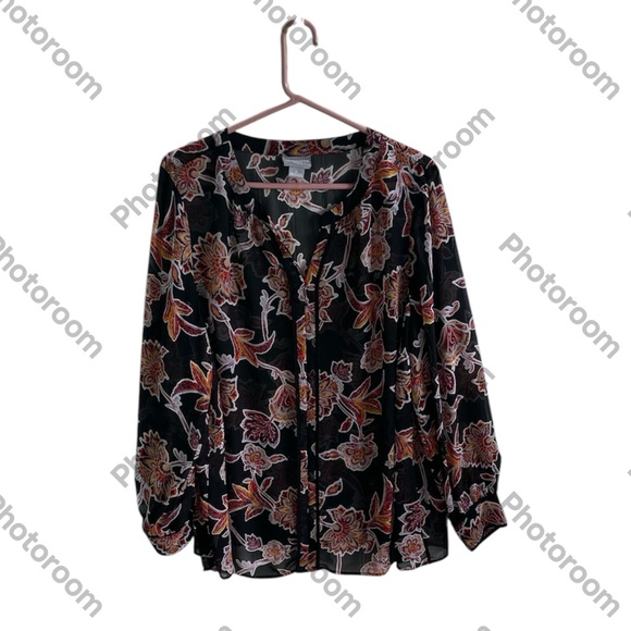 LIZ CLAIBORNE WOMENS SHEAR BLACK FLORAL V-NECK LONG SLEEVE BLOUSE SIZE 1X - Picture 1 of 8